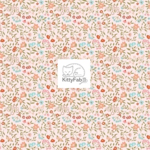 May include: A floral fabric with a light pink background. The fabric features a repeating pattern of small flowers in shades of peach, blue, and red, with green leaves and stems. The text "KittyFab" is in a white square.