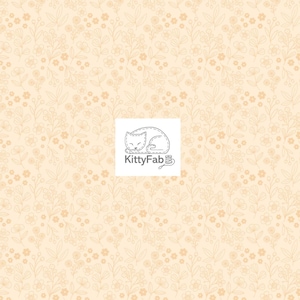 May include: A fabric with a cream-colored background and a delicate floral pattern in shades of beige and light brown. The design includes small flowers and leaves. A white square with a sleeping cat and the text "KittyFab" is in the center.