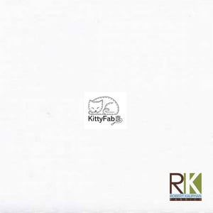 May include: A solid white fabric featuring a central black line art logo of a sleeping cat with the text KittyFab and a small spool of thread. In the bottom right corner, there is a rectangular logo with the letters RK and Robert Kaufman Fabrics.