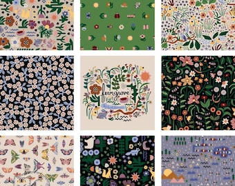 May include: Nine fabric swatches with various floral and nature-themed patterns. Designs include flowers, butterflies, foxes, and other elements in a variety of colors. One swatch features the text "ferngrove days" and "by Leah Duncan".
