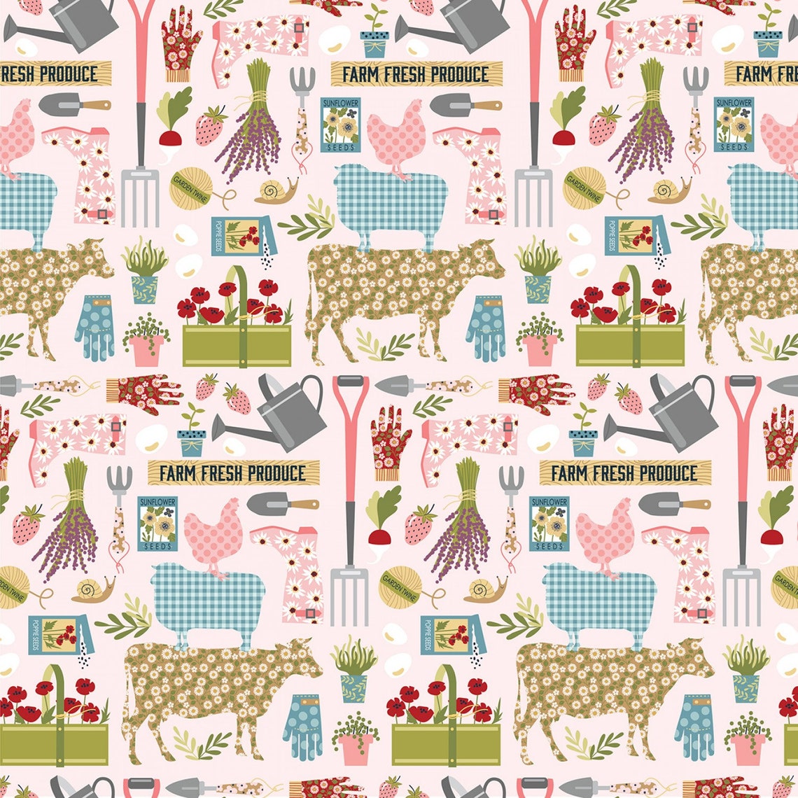 Farm Farming Fabric FARMGIRLS UNITE Country Life Pink Etsy