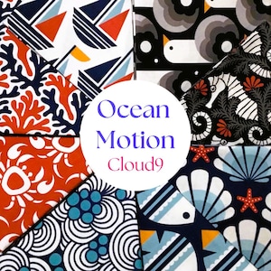 Ocean Motion | 8-Piece Bundle | Organic Cotton Fabric | Cloud9 | Fish Coral Seahorses Crabs Seagulls Boats Shells | Modern Quilting Sewing