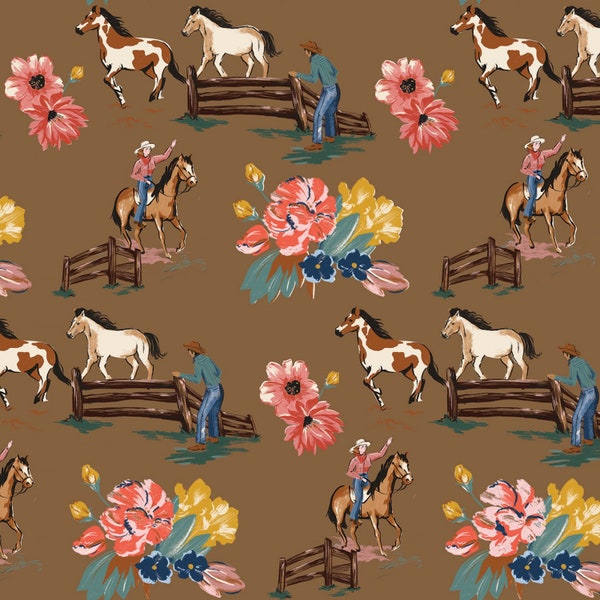 WILD ROSE | Wild Rose Main Brown | Horses | Cotton Fabric | Riley Blake Designs | Quilting Apparel Home Decor