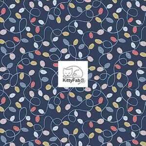 May include: A dark blue fabric featuring a repeating pattern of tangled light strings with small bulbs in shades of red, yellow, and white. A white square logo in the center displays a line drawing of a cat and the text KittyFab.