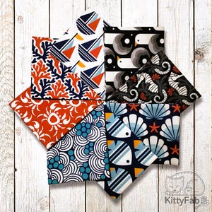 Ocean Motion | 8-Piece Bundle | Organic Cotton Fabric | Cloud9 | Fish Coral Seahorses Crabs Seagulls Boats Shells | Modern Quilting Sewing