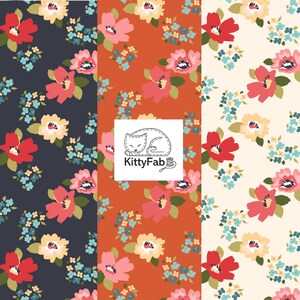 May include: Three vertical panels of fabric featuring a floral pattern with red, pink, yellow, and blue flowers on dark navy, burnt orange, and cream backgrounds. A white square in the center displays a line drawing of a cat and the text KittyFab.