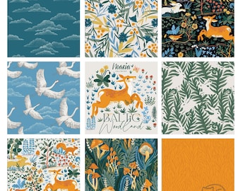 May include: A collection of nine fabric squares featuring various woodland patterns. The patterns include deer, mushrooms, birds, and floral designs in shades of blue, green, yellow, and orange. The text "Maria Salviria Baltic Woodland" is featured on one of the squares.