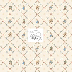 May include: Cream-colored fabric with a repeating pattern of bunnies and squirrels in various poses, wearing clothing. The design is set within a lattice of floral vines with red and blue flowers. The KittyFab logo is in the center.