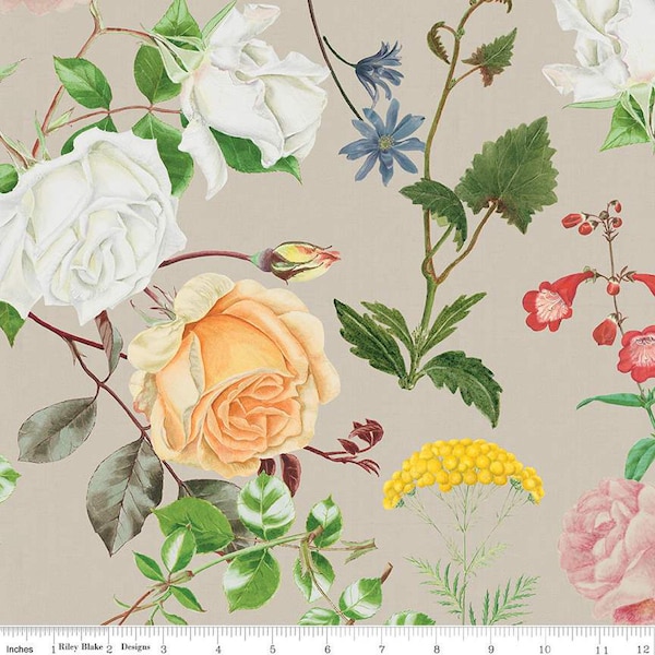 FLORAL GARDENS | Natural Linen Fabric | Royal Horticultural Society for Riley Blake Designs | Quilting Apparel Home Decor | 58-60in wide