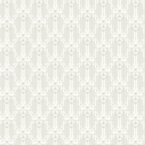 May include: A repeating pattern of stylized botanical elements in a light gray color on a white background. The design features vertical columns with leaf-like shapes and geometric details, creating a symmetrical and elegant wallpaper or fabric design.