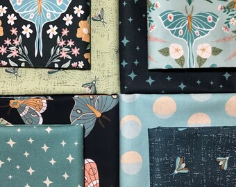 MOONBEAM DREAMS by Amanda Grace Designs | Curated Fat Quarter Bundle | Poppie Cotton | Lunar Moths Florals Fireflies Moon Phases Stars