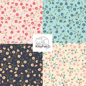 May include: Four fabric swatches featuring a grid pattern with floral prints in pink, blue, dark navy, and cream. The top left is pink with red flowers, top right is blue with dark blue flowers, bottom left is navy with yellow flowers, and bottom right is cream with pink flowers. A white square in the center displays a line drawing of a cat and the text KittyFab.