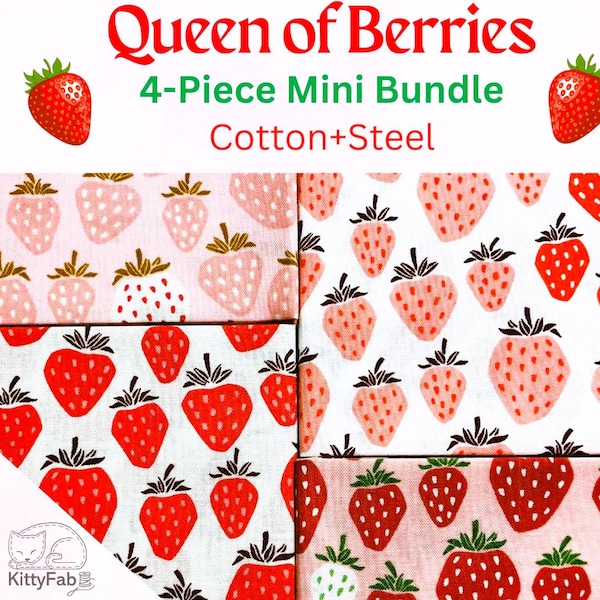 Strawberries | 4-Piece Mini Bundle | Strawberry Love | Red Pink White | Cotton+Steel | Cotton Fabric | Quilting Sewing Projects