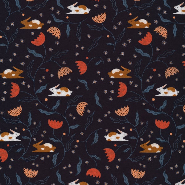 IDEA GARDEN - Bunny Hop | Rabbits Florals Navy | by Meenal Patel for Cloud9 | Modern Cotton Fabric | Quilting Apparel Home Decor