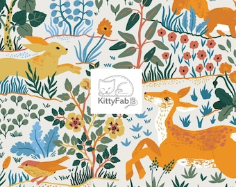Baltic Woodland | Animals in Nature Light | Deer Fox Rabbit Birds | Cloud9 | Organic Cotton Fabric | Quilting Sewing | Sold by the 1/2 Yard