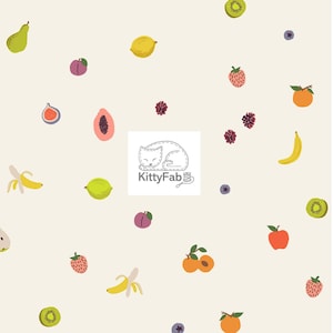 May include: A cream-colored pattern featuring various fruits, including pears, lemons, plums, figs, papayas, bananas, strawberries, oranges, kiwis, and blueberries. The KittyFab logo is centered. The fruits are in a cartoon style.