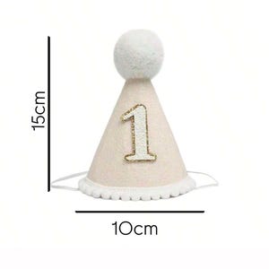 May include: A pink felt party hat with a white pom-pom on top and a gold glitter number "1" on the front. The hat is 15 cm tall and 10 cm wide.