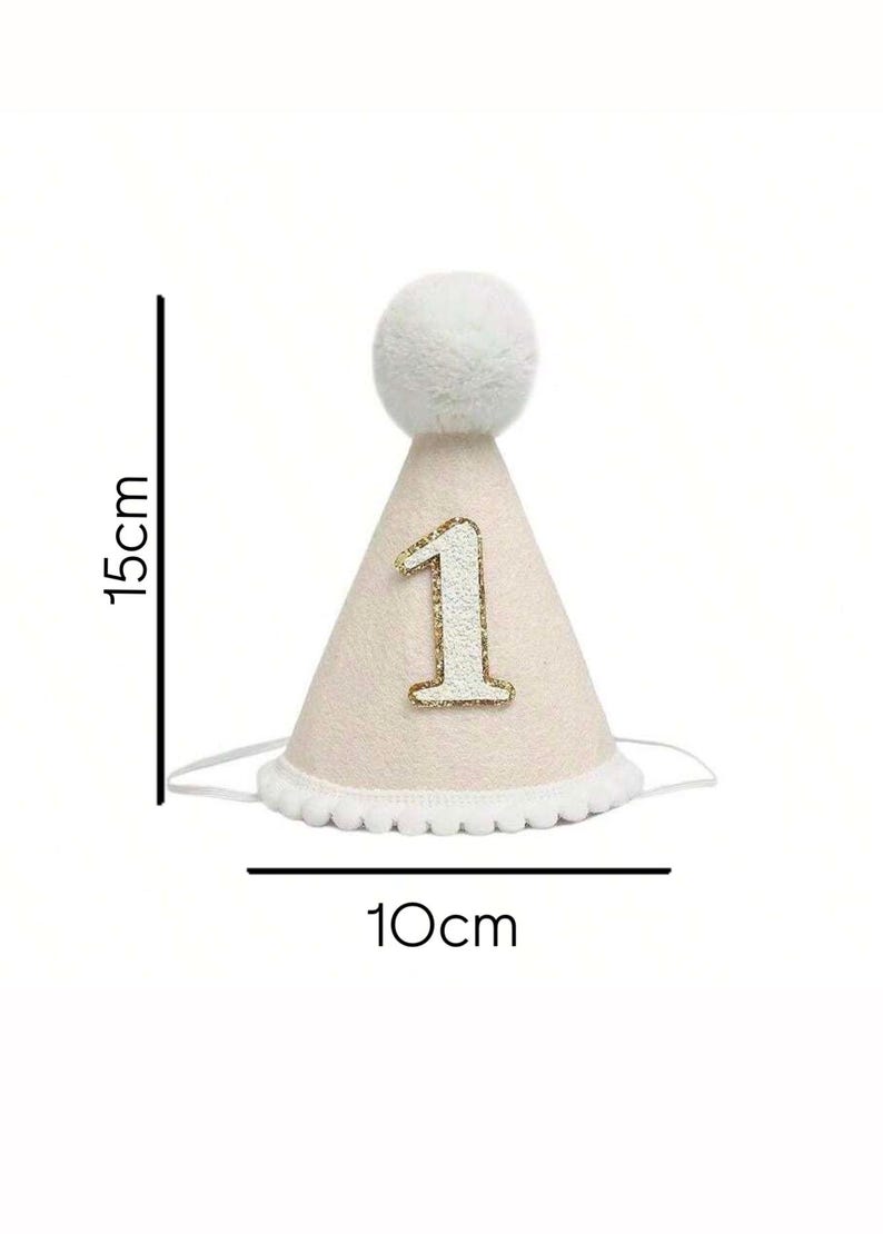 May include: A pink felt party hat with a white pom-pom on top and a gold glitter number "1" on the front. The hat is 15 cm tall and 10 cm wide.
