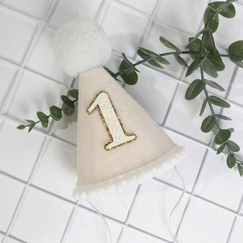May include: A white and pink felt party hat with a white pom-pom on top and a gold glitter number "1" on the front.