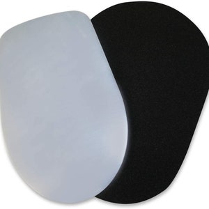 May include: A pair of shoe insoles, one white and one black. The insoles are made of a soft, flexible material and are designed to provide comfort and support.