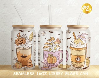 Envoltorio de vidrio para lata de café de Halloween retro: Vaso Libbey de 16 oz (descarga digital PNG)
