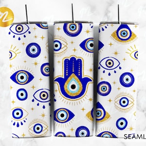 20oz Skinny EVIL EYE Tumbler Wrap, Ojo de Protección, Mal de Ojo Turco, Mano Hamsa para vaso recto/cónico archivo png Descarga digital