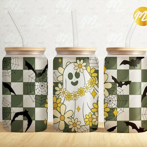 レトロなチェック柄ハロウィン缶ガラスラップPNG、花柄グルーヴィーゴースト16オンスリビーガラス缶タンブラーPNG、昇華デザイン、デジタルダウンロード