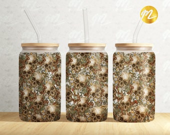 Envoltorio de vidrio para Halloween con calavera floral: Vaso Libbey de 16 oz PNG (descarga digital)