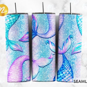 20oz Skinny Tumbler Kids Mermaid Designs Template Straight PNG File Download Mermaid Tails Glitter Ocean tumbler design , Digital Downloads