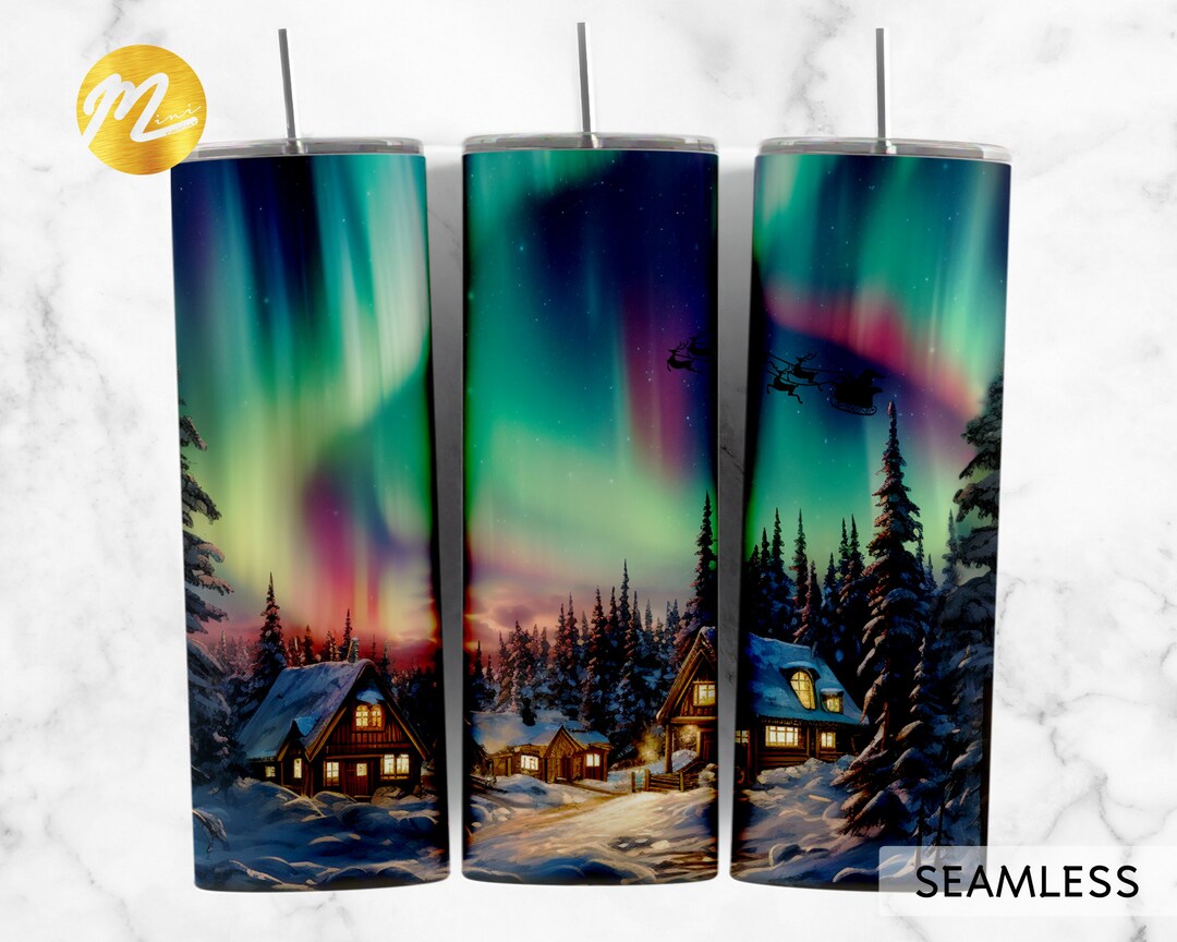 Christmas Northern Lights Santa Reindeer 20 Oz Skinny Tumbler, Santa