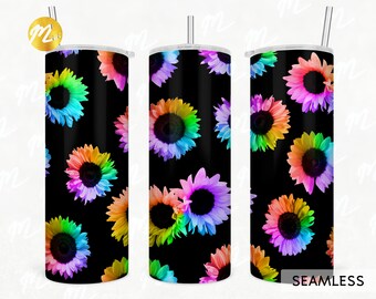 Rainbow Sunflower Tumbler Sublimation Design: Seamless 20oz Skinny Tumbler (PNG Digital Download)
