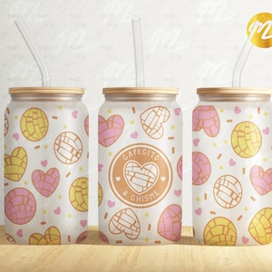 Can Glass Cafecito & Chisme Sublimation,Mexican Concha Frosted glass tumbler For 16 oz Libbey Glass Can Tumbler Sublimation Design, PNG File