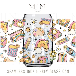 May include: A seamless pattern design featuring a variety of school-themed illustrations, including rainbows, pencils, backpacks, and paint palettes. The design is in a retro style with bright colors and a white background. The design is shown on a 16oz Libbey glass can.