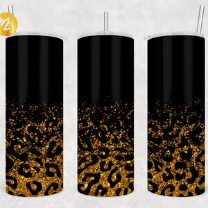 20 oz Skinny Tumbler Leopard Black Gold Glitter Sublimation Design, Gold Glitter Leopard Full Wrap Tapered & Straight Tumbler Sublimation