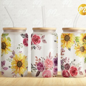 Sunflower Rose Can Glass Wrap: Watercolor Sublimation Design (PNG)