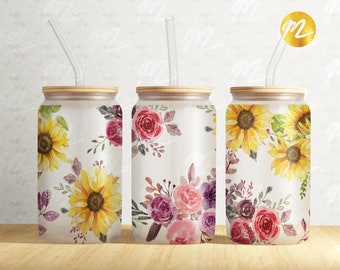Sunflower Rose Can Glass Wrap: Watercolor Sublimation Design (PNG)