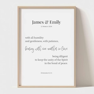 Wedding Gift for Couple,Printable Custom Bible Verse,Ephesians 4:2-3,Minimalist Scripture for Newlywed,Personalized Christian Wall Art