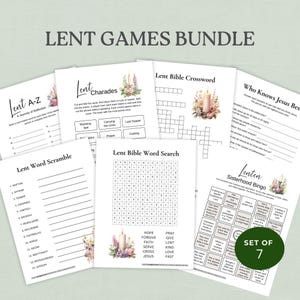 May include: A bundle of seven printable Lent games on white paper. The games include a word scramble, crossword, and bingo, with titles like "Lent A-Z" and "Lent Charades." Floral and candle illustrations decorate the pages. The text "LENT GAMES BUNDLE" is at the top.
