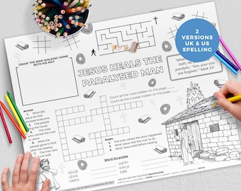 Jesus Heals the Paralyzed Man Activity Sheet, Christian Colouring Placemat, Sunday School Resource, Bible Miracles, New Testament Printable