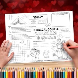May include: A black and white coloring page featuring the biblical couple Abraham and Sarah, with a crossword puzzle, unscramble words, and other activities. The page includes the text "Biblical Couple Abraham & Sarah". A hand is coloring the image with a pink pencil.