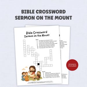May include: Two sheets of paper with a Bible Crossword puzzle titled "Sermon on the Mount." The crossword includes clues and a cartoon illustration of Jesus with children. A red circle with "Answers Included" is in the corner.