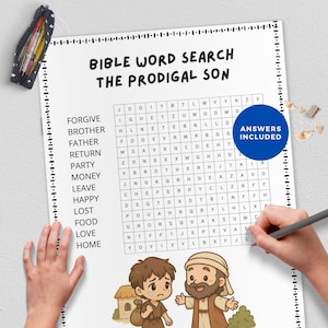 May include: A Bible word search puzzle titled "The Prodigal Son" with a grid of letters and a list of words to find. The image includes the words "Answers Included" and a cartoon illustration of the biblical story.