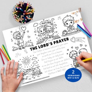 May include: A black and white coloring page featuring illustrations of children, hearts, and a house, with the text "THE LORD'S PRAYER" and Bible verses. Colored pencils are scattered around the page.