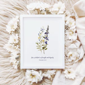 Proverbs 31:25 Wall Art, She is Clothed with Strength and Dignity, Printable Christian Decor for Home, Wildflower Modern Christian Art Print