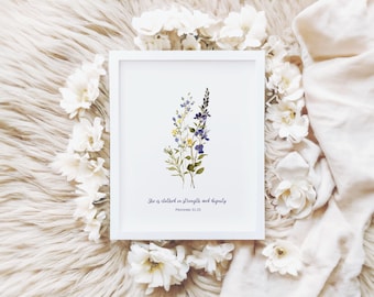 Proverbs 31:25 Wall Art, She is Clothed with Strength and Dignity, Printable Christian Decor for Home, Wildflower Modern Christian Art Print