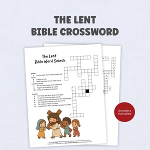 May include: A white paper with a crossword puzzle titled "The Lent Bible Word Search" and a red circle that says "Answers Included". The puzzle features clues and a cartoon illustration of Jesus carrying a cross.