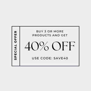 May include: A rectangular graphic with a black border and the words "SPECIAL OFFER" on the left side. The text reads "BUY 3 OR MORE PRODUCTS AND GET 40% OFF. USE CODE: SAVE40."