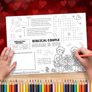May include: A black and white coloring page featuring a crossword puzzle and illustrations of Adam and Eve. The text includes the words "Biblical Couple Adam & Eve" and a quote from Genesis 2:18. A hand is coloring the image with a pink pencil.