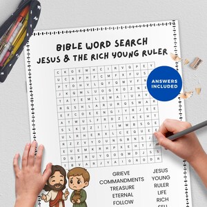 Könnte beinhalten: Ein Bibel-Suchrätsel mit dem Titel "Jesus & der reiche junge Herrscher" mit einem Buchstabenraster. Das Bild enthält die Worte "Antworten enthalten" in einem blauen Kreis. Der untere Teil der Seite zeigt Illustrationen und eine Liste der zu findenden Wörter.