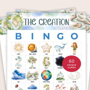 May include: A set of Bingo cards with the title "The Creation" in a whimsical font. The cards feature colorful illustrations of the sun, moon, star, whale, and other elements. A red circle indicates "60 Unique Cards".